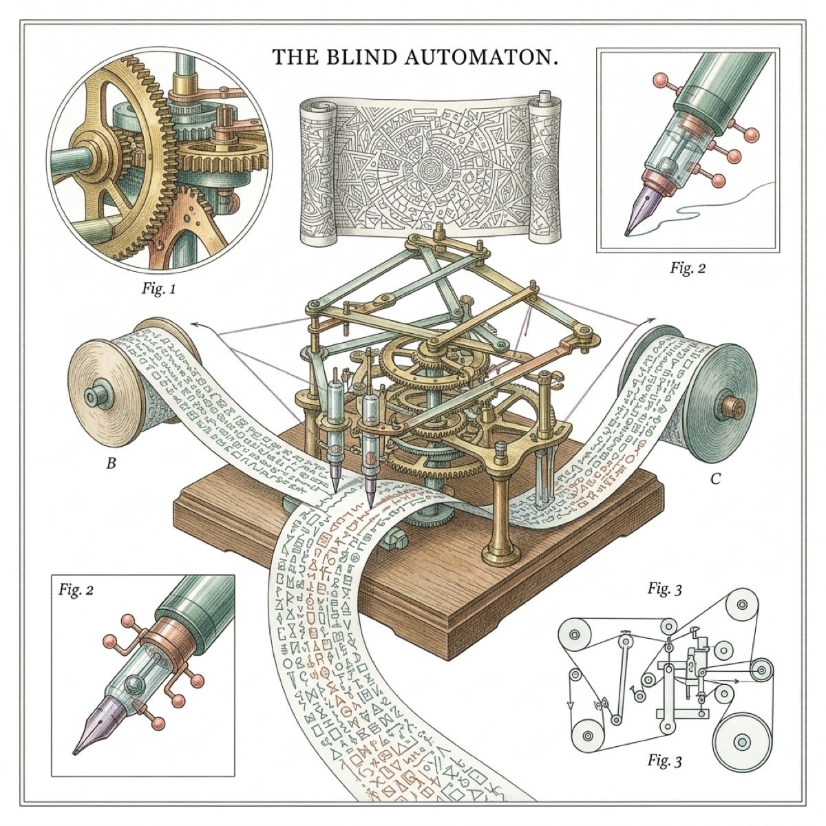 Tavola The Blind Automaton con ingranaggi, penne e rotoli di segni.