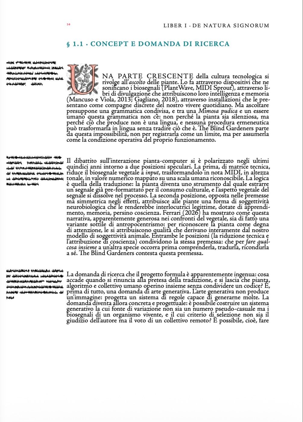 Pagina della tesi dedicata al concetto e alla domanda di ricerca, con biosegnali a margine.